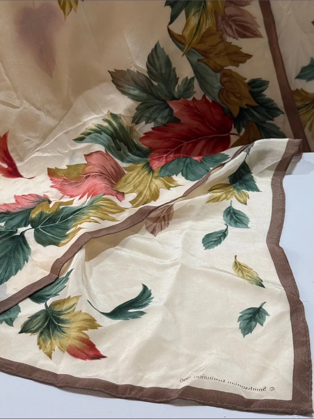 Smithsonian 1990 Silk-Cream Floral Autumn Leaf Scarf Brown Border New never used